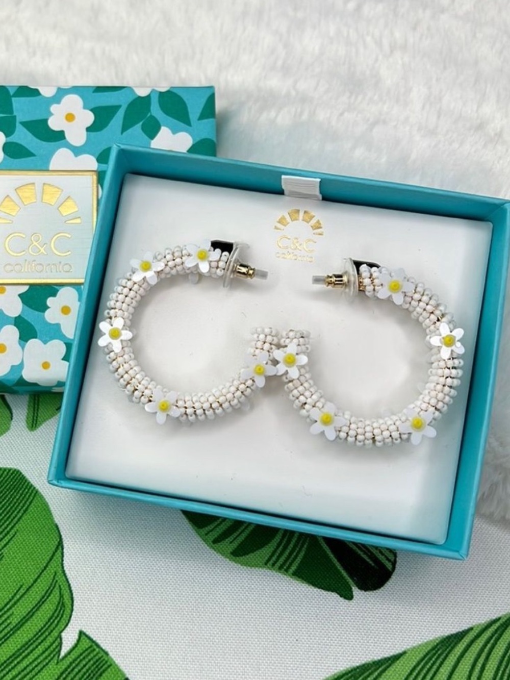 C&C California Daisy 3D Floral Beaded Hoop Earrings NEW IN BOX